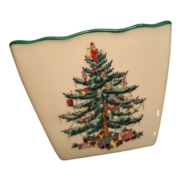 Spode Christmas Tree Pierced Votive Holder Square Glazed Porcelain Scalloped Rim - Picture 4 of 10